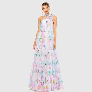 Mac Duggal Pastel Multi-Color Tiered Halter Maxi Dress